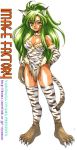  1girl animal_ears artist_name breasts cat_ears cat_tail claws cleavage full_body gloves green_hair long_hair paw_gloves simple_background smile solo tail thigh-highs tiger_print watermark web_address white_background yasunaga_oyama yellow_eyes 