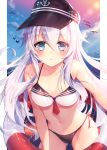  1girl anchor_symbol bikini blue_eyes blush collarbone gluteal_fold hat hibiki_(kantai_collection) kantai_collection lifebuoy long_hair looking_at_viewer navel necktie necomi_(gussan) parted_lips peaked_cap side-tie_bikini solo swimsuit translation_request white_hair 