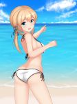  1girl :d anchor_hair_ornament aqua_eyes ass back bare_shoulders beach bikini black_ribbon blonde_hair blue_eyes blue_sky blush breasts butt_crack clouds coast eyebrows eyebrows_visible_through_hair from_behind hair_ornament hair_ribbon highres horizon kantai_collection large_breasts long_hair looking_at_viewer looking_back low_twintails ocean open_mouth outdoors pointing prinz_eugen_(kantai_collection) ribbon sana_(sauber0531) sand shore side-tie_bikini sideboob sky smile solo standing strap_gap swimsuit twintails water white_bikini 