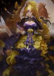  1girl blonde_hair breasts brown_eyes candle circlet cleavage crown dress dual_persona finger_to_mouth kali_(p&amp;d) large_breasts long_hair mirror puzzle_&amp;_dragons solo youshun_(naturaljuice) 