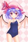  1girl bat_wings blue_hair child competition_school_swimsuit hakuto_(28syuku) hand_on_own_chest hat looking_at_viewer mob_cap one-piece_swimsuit red_eyes remilia_scarlet school_swimsuit shiny shiny_hair short_hair smile solo standing swimsuit touhou vampire wings 