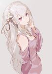  1girl :o bare_shoulders braid breasts cleavage elf emilia_(re:zero) flower from_above hair_flower hair_ornament hair_twirling highres long_hair looking_at_viewer looking_up open_mouth pointy_ears re:zero_kara_hajimeru_isekai_seikatsu silver_hair simple_background so-bin solo violet_eyes 