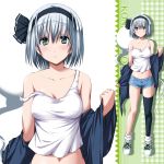  1girl :o bare_shoulders black_jacket black_legwear blue_shorts blush blush_stickers breasts buttons collarbone contemporary eyebrows eyebrows_visible_through_hair full_body green_shoes hairband highres jacket jacket_off_shoulders konpaku_youmu konpaku_youmu_(ghost) large_breasts looking_at_viewer multiple_views navel nori_tamago open_clothes open_jacket parted_lips shirt shoes short_hair short_shorts shorts single_thighhigh sleeveless smile sneakers solo standing stomach tank_top tareme thigh-highs touhou upper_body white_shirt 