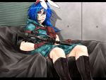  1girl animal_ears assault_rifle blue_eyes boots commentary_request dress facial_mark forehead_mark gloves gun hair_over_shoulder headset hood hood_down legacy_of_lunatic_kingdom long_hair looking_at_viewer rabbit_ears red_eyes rifle scope seiran_(touhou) shadow short_sleeves sitting smile solo tarpaulin thigh_strap touhou trigger_discipline weapon 