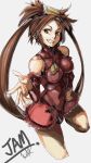 1girl bare_shoulders breasts brown_eyes brown_hair china_dress chinese_clothes cropped_legs detached_sleeves dress grin guilty_gear hair_ring hair_tubes highres kuma_(jk0073) kuradoberi_jam long_hair reaching_out red_dress smile solo twintails very_long_hair