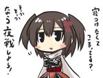  1girl arm_guards bangs blush_stickers brown_eyes brown_hair chibi commentary_request crossed_arms gloves gomasamune hair_between_eyes hair_ornament kantai_collection neckerchief open_mouth remodel_(kantai_collection) scarf sendai_(kantai_collection) short_hair sketch solo translation_request twintails white_background 