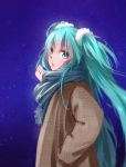  1girl blue_eyes blue_hair blue_scarf hair_ribbon hand_in_pocket hatsune_miku long_hair looking_at_viewer qingchen_(694757286) ribbon scarf solo twintails vocaloid white_ribbon 