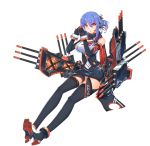  12cat 1girl alternate_costume bare_shoulders black_legwear blue_hair breath cannon character_name clothes_writing elbow_gloves eyes_visible_through_hair framed_breasts full_body gloves hair_between_eyes hair_up helena_(zhan_jian_shao_nyu) highres looking_at_viewer mecha_musume miniskirt mittens red_eyes scarf sitting skirt solo thigh-highs white_background winter_clothes zhan_jian_shao_nyu 