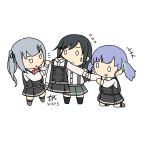  0_0 3girls arm_warmers asashio_(kantai_collection) black_hair blue_hair commentary_request eyebrows hair_ribbon kantai_collection kasumi_(pokemon) long_hair multiple_girls ooshio_(kantai_collection) pleated_skirt remodel_(kantai_collection) ribbon side_ponytail simple_background skirt suspender_skirt suspenders sweatdrop tun twintails white_background 