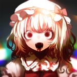  1girl blonde_hair blood blood_from_mouth bloody_clothes bow creepy empty_eyes face fangs flandre_scarlet gradient gradient_background hat hat_bow looking_at_viewer mob_cap open_mouth portrait puffy_sleeves red_eyes shirt short_hair short_sleeves side_ponytail solo suzki00 touhou vampire vest 
