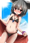  1girl animal_ears bikini black_bikini blue_sky blush bracelet clouds dutch_angle full-face_blush grey_hair jewelry kihuzinz looking_at_viewer midriff mouse_ears mouse_tail navel nazrin necklace open_mouth outdoors red_eyes shiny shiny_hair shiny_skin short_hair sky smile solo sun swimsuit tail touhou 