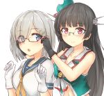  2girls :o azuhira bare_shoulders bespectacled black_gloves black_hair blue_eyes blush breasts choukai_(kantai_collection) cleavage eyes_visible_through_hair glasses gloves hair_ornament hair_over_one_eye hairclip hamakaze_(kantai_collection) hat kantai_collection long_hair looking_at_viewer midriff mini_hat multiple_girls navel red_eyes rimless_glasses school_uniform semi-rimless_glasses serafuku short_hair silver_hair smile under-rim_glasses upper_body white_background white_gloves 