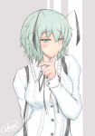  1girl alternate_breast_size antennae aqua_eyes arm_behind_back blouse blush breasts buttons cheek_poking cube85 green_hair hair_between_eyes highres large_breasts lips long_sleeves looking_at_viewer poking short_hair signature suspenders touhou upper_body white_blouse wriggle_nightbug 