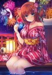  1girl blue_eyes blush breasts brown_hair candy_apple cleavage closed_mouth fireworks floral_print food green_ribbon hair_ornament hair_ribbon head_tilt holding holding_food japanese_clothes kanzashi kimono lantern obi off_shoulder original outdoors paper_lantern partially_submerged railing ribbon sash sitting sleeves_past_wrists smile soaking_feet solo suzune_rena twintails water wind_chime 