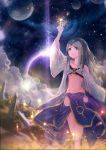  1girl arm_up bare_legs clouds fantasy flat_chest grey_eyes grey_hair highres lens_flare light light_particles midriff navel original planet silver_hair skirt sky smile solo star_(sky) veil walking you_(shimizu) 