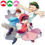  3boys alternate_eye_color brothers brown_hair chromatic_aberration closed_eyes formal highres honest_axe hood laurel_crown little_red_riding_hood little_red_riding_hood_(cosplay) little_red_riding_hood_(grimm) male_focus matsuno_choromatsu matsuno_osomatsu matsuno_todomatsu mebaru multiple_boys osomatsu-kun osomatsu-san parody pink_eyes red_eyes siblings simple_background suit toga tsuru_no_ongaeshi white_background 