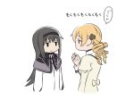  2girls akemi_homura arms_at_sides black_hair black_ribbon drill_hair expressionless female flat_color hair_ornament hairband hairpin jitome long_hair long_sleeves mahou_shoujo_madoka_magica multiple_girls oda_takayuki open_mouth ribbon school_uniform short_hair simple_background tomoe_mami translation_request twin_drills upper_body white_background 