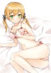  1girl absurdres anchor_hair_ornament ass bed blonde_hair bow bra breasts cleavage eyebrows eyebrows_visible_through_hair green_eyes hair_ornament highres hoshimiya_nazuna kantai_collection looking_at_viewer lying medium_breasts on_side panties prinz_eugen_(kantai_collection) smile solo twintails underwear 