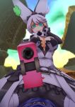  1girl ahoge aiming aqua_eyes arc_system_works breasts cleavage clover crazy crazy_eyes crazy_smile dress elbow_gloves elphelt_valentine fingerless_gloves four-leaf_clover girl_on_top gloves guilty_gear guilty_gear_xrd guilty_gear_xrd:_revelator gun hand_on_face hand_on_own_face handgun large_breasts looking_at_viewer pantyhose pistol pov rabbit_ears re_2n short_hair silver_hair smile spiked_collar spikes thigh_boots weapon yandere 