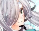  &gt;:) 1girl asashimo_(kantai_collection) close-up from_side green_eyes grey_hair hair_over_one_eye hsm_(hsmoyoyo) kantai_collection long_hair looking_at_viewer lowres profile serious shirt very_long_hair white_shirt 