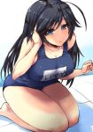  1girl bare_shoulders black_hair blue_eyes blush breasts cleavage girls_und_panzer isuzu_hana large_breasts long_hair looking_at_viewer name_tag pool school_swimsuit shinshin sitting smile solo swimsuit wariza water 