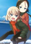  2girls blonde_hair blue_eyes brown_hair girls_und_panzer hairband katyusha kuro_oolong long_hair military military_uniform multiple_girls nonna piggyback role_reversal short_hair uniform younger 