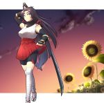  1girl bike_shorts black_hair blue_eyes bracer breasts detached_sleeves eyebrows eyeliner field fingerless_gloves flower flower_field full_body gloves hakama_skirt houjohh huge_weapon leg_wrap long_hair makeup miniskirt ootachi original over-kneehighs pleated_skirt red_skirt shorts_under_skirt skirt solo sunflower sunset sword symbol-shaped_pupils tabi thick_eyebrows thigh-highs torii very_long_hair weapon 