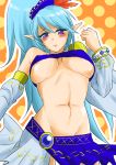  1girl blue_hair blush breasts hair_ornament jewelry lana_(zelda_musou) long_hair medium_breasts midriff ponytail side_ponytail solo the_legend_of_zelda under_boob violet_eyes zelda_musou 