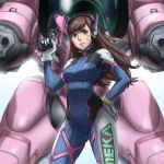  1girl bodysuit brown_eyes brown_hair d.va_(overwatch) facial_mark gloves gun headphones highres imdsound long_hair looking_at_viewer md5_mismatch mecha meka_(overwatch) overwatch pilot_suit solo weapon whisker_markings 