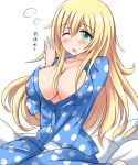  1girl atago_(kantai_collection) blonde_hair blush breasts cleavage green_eyes kantai_collection large_breasts long_hair one_eye_closed open_mouth polka_dot print_pajamas simple_background sitting solo tears tired translation_request white_background yuguran_(specs) 