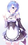  1girl 2016 :o apron artist_name blue_eyes blue_hair blush bow breasts cleavage cowboy_shot dated detached_sleeves dress fox_shadow_puppet frilled_dress frilled_sleeves frills hair_ornament hair_over_one_eye highres looking_at_viewer maid maid_apron maid_headdress medium_breasts no_legwear open_mouth re:zero_kara_hajimeru_isekai_seikatsu rem_(re:zero) ribbon-trimmed_clothes ribbon-trimmed_collar ribbon-trimmed_sleeves ribbon_trim short_hair solo underbust x2 x_hair_ornament 