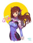  1girl armor artist_name bangs bodysuit breasts brown_eyes brown_hair cowboy_shot cropped_legs d.va_(overwatch) dated eyebrows eyebrows_visible_through_hair facepaint facial_mark gloves headphones high_collar long_hair looking_at_viewer open_mouth overwatch pilot_suit sem_(honey_sv) shoulder_pads smile solo turtleneck whisker_markings 