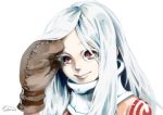  1girl albino bodysuit collar colored_eyelashes deadman_wonderland gloves highres kamata_yu-ki long_hair mittens red_eyes shiro_(deadman_wonderland) silver_hair solo white_hair 