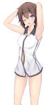  1girl ;o armpits arms_behind_back arms_up bare_legs bare_shoulders blue_eyes breasts brown_hair collarbone collared_vest erect_nipples hayasui_(kantai_collection) kantai_collection large_breasts looking_at_viewer no_pants one_eye_closed open_mouth panties short_hair simple_background solo standing takeyuu underwear white_background white_panties white_vest wing_collar 