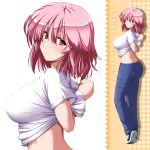  1girl alternate_costume arms_behind_back ass blush breasts character_name contemporary eyebrows eyebrows_visible_through_hair full_body highres large_breasts midriff nori_tamago pants pink_hair red_eyes saigyouji_yuyuko shirt shoes short_hair sneakers solo standing t-shirt touhou upper_body white_shirt 
