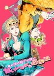  2boys absurdres blonde_hair chounorin collarbone controller dio_brando earrings game_controller giorno_giovanna grin headband highres jacket jewelry jojo_no_kimyou_na_bouken legs_crossed male_focus multiple_boys open_mouth orange_eyes plate pudding rotational_symmetry smile spoon star translation_request turtleneck 