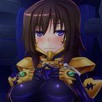  &gt;:( 1girl blush bodysuit breast_suppress breasts brown_hair galerie large_breasts long_hair looking_at_viewer muvluv muvluv_alternative muvluv_total_eclipse solo sweat takamura_yui upper_body violet_eyes 