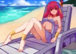  1girl ankle_cuffs anklet barefoot beach bikini collar feet flower hair_flower hair_ornament jewelry long_hair looking_at_viewer magi_the_labyrinth_of_magic morgiana navel ocean outdoors pleated_skirt purple_bikini purple_flower purple_skirt red_eyes redhead ryuuno6 sitting skirt solo strapless strapless_bikini swimsuit 