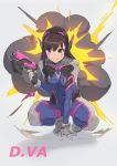  1girl armor bangs bodysuit boots breasts brown_eyes brown_hair character_name d.va_(overwatch) explosion eyebrows eyebrows_visible_through_hair facepaint facial_mark gloves gun handgun headphones high_collar holding holding_gun holding_weapon kneeling long_hair overwatch pilot_suit shoulder_pads solo ssberit thigh-highs thigh_boots turtleneck weapon whisker_markings white_boots white_gloves 