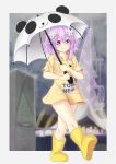  1girl blush boots choujigen_game_neptune d-pad hair_ornament looking_at_viewer neptune_(choujigen_game_neptune) neptune_(series) purple_hair rain raincoat short_hair smile solo umbrella 