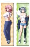  2girls :o alternate_costume arms_behind_back ass bare_shoulders black_jacket black_legwear blue_shorts blush blush_stickers breasts buttons character_name collarbone contemporary denim eyebrows eyebrows_visible_through_hair full_body green_shoes hairband highres jacket jacket_off_shoulders jeans konpaku_youmu konpaku_youmu_(ghost) large_breasts looking_at_viewer midriff multiple_girls multiple_views navel nori_tamago open_clothes open_jacket pants parted_lips pink_hair red_eyes saigyouji_yuyuko shirt shoes short_hair short_shorts shorts single_thighhigh sleeveless smile sneakers standing stomach t-shirt tank_top tareme thigh-highs touhou upper_body white_shirt 
