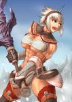  1girl abs artist_request blue_eyes breasts female gloves horn kirin_(armor) monster_hunter muscle solo weapon white_hair 
