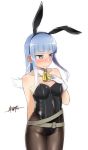  1girl adapted_costume animal_ears arm_behind_back bare_shoulders belt black_legwear blue_eyes blue_hair blush bow bowtie breasts bunny_girl bunnysuit collarbone covered_navel detached_collar fake_animal_ears gloves gradient_hair hand_on_own_chest hatsukaze_(kantai_collection) kantai_collection leotard long_hair medium_breasts multicolored_hair pantyhose rabbit_ears shinonome_yuu signature solo standing white_gloves white_hair 