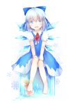  1girl barefoot blue_dress blue_eyes blue_hair blush cirno dress fang fish full_body hair_ribbon highres ice ice_wings looking_at_viewer meiya_(dia_douya) open_mouth puffy_sleeves ribbon short_hair short_sleeves sitting smile snowflakes solo touhou white_background wings 