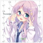  1girl :d adjusting_glasses aqua_eyes bangs blue_necktie blue_shirt blush collared_shirt eyebrows_visible_through_hair glasses green_ribbon hair_ribbon hood hoodie irone_(miyamiya38) lavender_hair long_hair looking_at_viewer necktie open_mouth original pink-framed_eyewear ribbon semi-rimless_glasses shirt smile solo tress_ribbon 