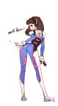  1girl 34no404 ass bangs bodysuit brown_eyes brown_hair d.va_(overwatch) english facial_mark from_behind full_body gloves headphones heart long_hair looking_at_viewer overwatch pilot_suit profile signature simple_background skin_tight smile solo spanking swept_bangs whisker_markings white_background white_gloves 