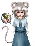  1girl animal_ears arms_behind_back blush box capelet cowboy_shot dowsing_rod flying_sweatdrops galerie gift gift_box highres holding holding_gift jewelry looking_at_viewer mouse_ears mouse_tail nazrin open_mouth pendant red_eyes short_hair silver_hair solo sweat tail touhou 