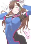  1girl ;) ;3 armor bangs bodysuit boots breasts brown_eyes brown_hair bunny_pose covered_navel d.va_(overwatch) facepaint facial_mark gloves hands_up headphones high_collar hrk173 long_hair looking_at_viewer medium_breasts one_eye_closed overwatch pilot_suit shoulder_pads simple_background smile solo turtleneck upper_body whisker_markings white_background white_boots white_gloves 