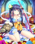  1girl absurdres arm_support arm_up bangs bare_shoulders black_hair blue_eyes blush breasts cleavage collarbone company_name coral curtains eyebrows eyebrows_visible_through_hair fish floral_print flower full_body hair_flower hair_ornament highres holding holding_weapon japanese_clothes kimono long_hair looking_at_viewer namaru_(summer_dandy) official_art ribbon sandals sash sitting smile socks solo strap sword turtle twintails unmei_no_clan_battle wariza water weapon 