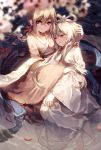  2girls blonde_hair braid breasts brown_eyes brown_hair cleavage closed_eyes hair_ornament hair_ribbon japanese_clothes kimono looking_at_viewer luo_tianyi multiple_girls partially_submerged petals red_ribbon ribbon small_breasts smile vocaloid you_hashira yuezheng_ling yukata 